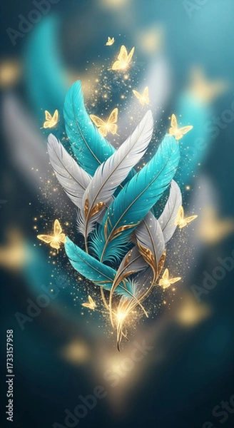 Fototapeta Fantasy Surreal Feathers with Golden Butterflies and Sparkles