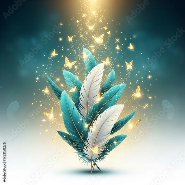 Fototapeta Fantasy Surreal Feathers with Golden Butterflies and Sparkles