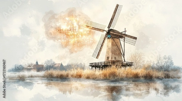 Fototapeta Exploring Digital Transformation Through the Rustic Beauty of a Windmill in Watercolor Art