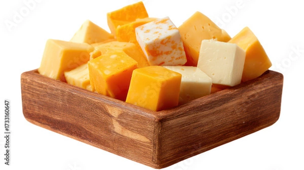 Fototapeta Assortment of cheese cubes in wooden box isolated on transparent background