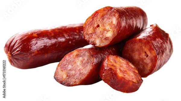 Fototapeta Close up of sliced chorizo sausage isolated on transparent background