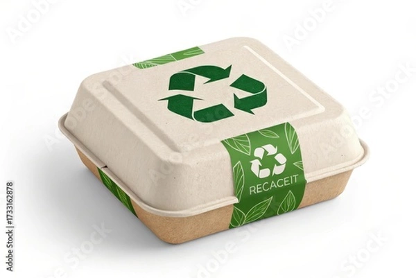 Fototapeta Eco friendly food container with recycling symbol isolated on white background