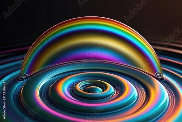 Fototapeta Iridescent rainbow arc over rippling metallic liquid surface isolated on white background