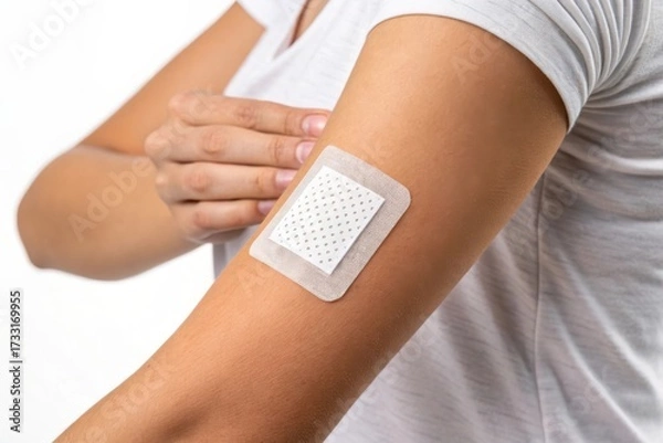 Fototapeta Person applying a medical patch to arm isolated on white background