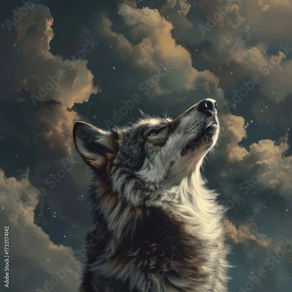Fototapeta The wolf stands tall, its gaze directed upward, as if contemplating the mysteries hidden in the endless sky above.