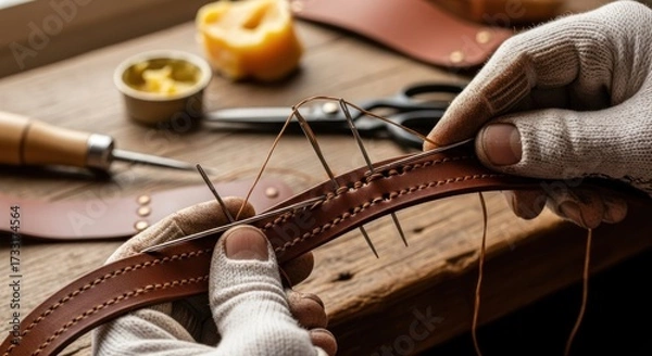 Fototapeta Close-up of hands stitching a brown leather belt on a wooden workbench with tools.