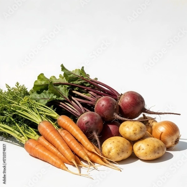 Fototapeta Fresh assorted vegetables including carrots, beets, and potatoes  