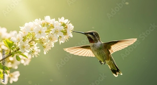 Obraz Hummingbird Feeding on White Cherry Blossoms in Spring