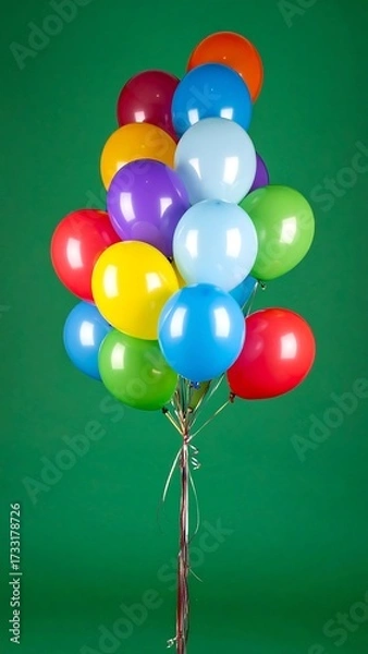 Obraz A bunch of colorful balloons tied together, against a vibrant green backdrop