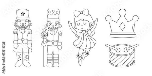 Obraz Set of outline coloring pages featuring classic Nutcracker characters. Includes two toy soldiers, a ballerina, a drum, and a crown. Perfect for Christmas and holiday projects.