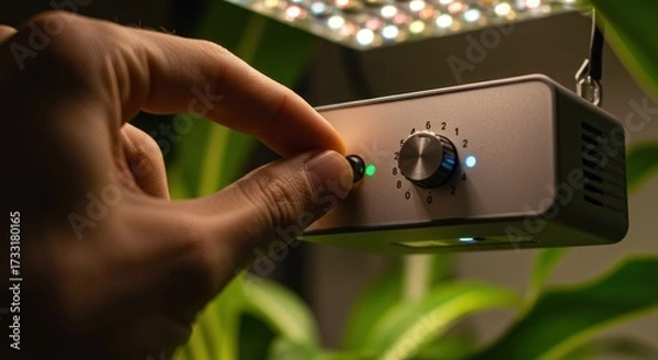Obraz Hand adjusting small dial on device with plant in background