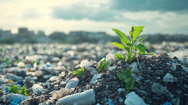 Fototapeta recycling and nature themes: photos of trees sprouting from waste, Earth held above trash, and green initiatives with ample blank spaces for environmental messages.