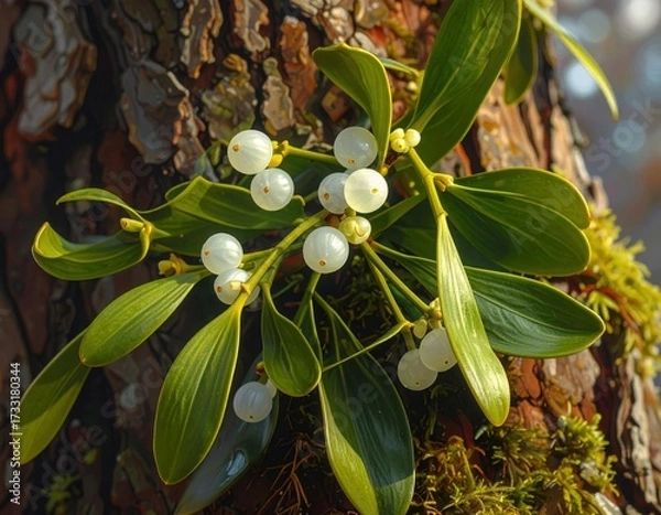 Fototapeta close-up of mistletoe growing on a tree trunk
