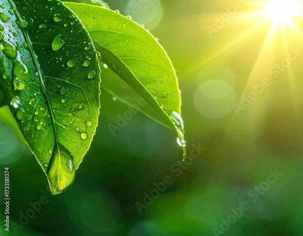 Fototapeta Dew droplets fall on the surface of the leaves