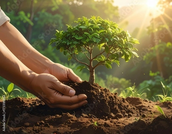 Fototapeta Planting trees by hand in nature to save the earth. An eco-friendly concept.