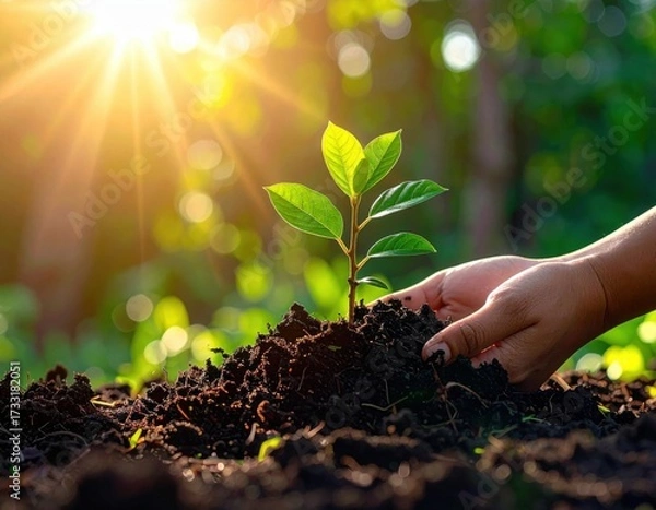 Fototapeta Planting trees by hand in nature to save the earth. An eco-friendly concept.