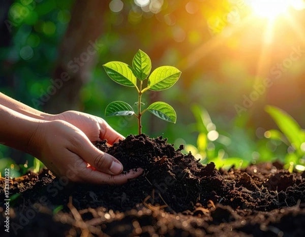 Fototapeta Planting trees by hand in nature to save the earth. An eco-friendly concept.