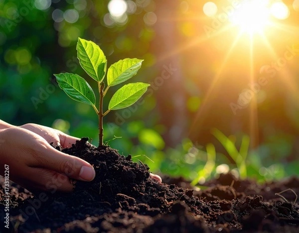 Fototapeta Planting trees by hand in nature to save the earth. An eco-friendly concept.