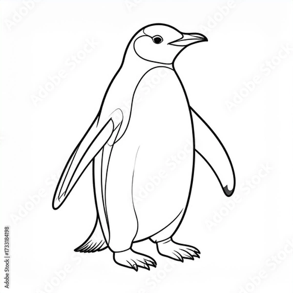 Fototapeta A detailed black and white line drawing of a penguin standing upright with its wings slightly spread.