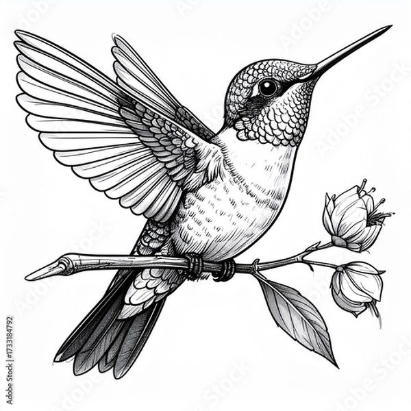 Fototapeta Detailed black and white drawing of a hummingbird perched on a branch with flowers.