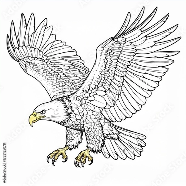 Fototapeta Detailed line drawing of a bald eagle in flight with wings spread.