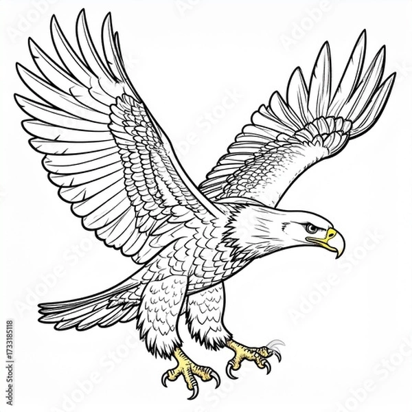 Fototapeta A powerful eagle is depicted in a detailed black and white line drawing, with wings spread wide and talons extended for landing.