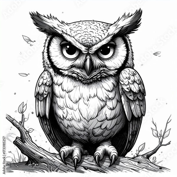 Fototapeta A detailed black and white sketch of a stern great horned owl perched on a tree branch.