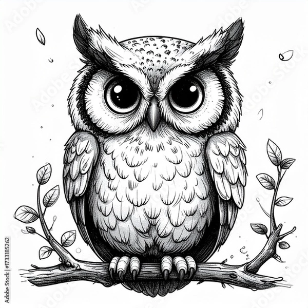 Fototapeta A charming black and white sketch of a cute owl with large, expressive eyes perched on a branch.