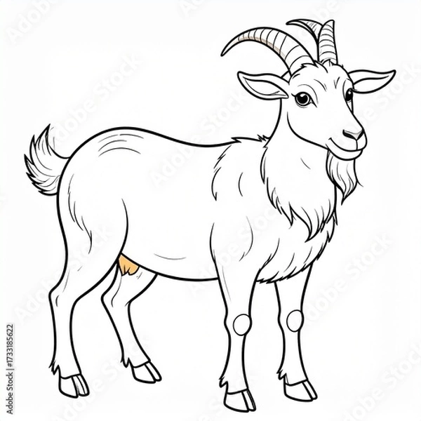 Fototapeta Line art illustration of a female goat (doe) with horns and an udder, standing and looking forward, suitable for coloring.