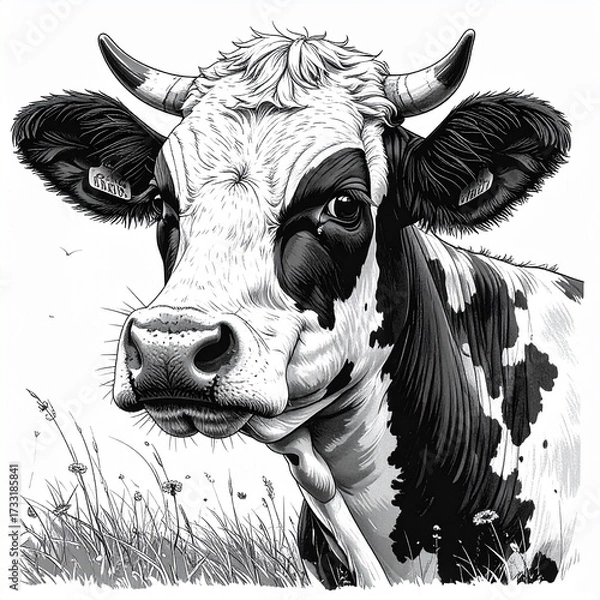 Fototapeta Detailed black and white illustration of a Holstein cow's head with horns and ear tags, looking forward in a grassy field.