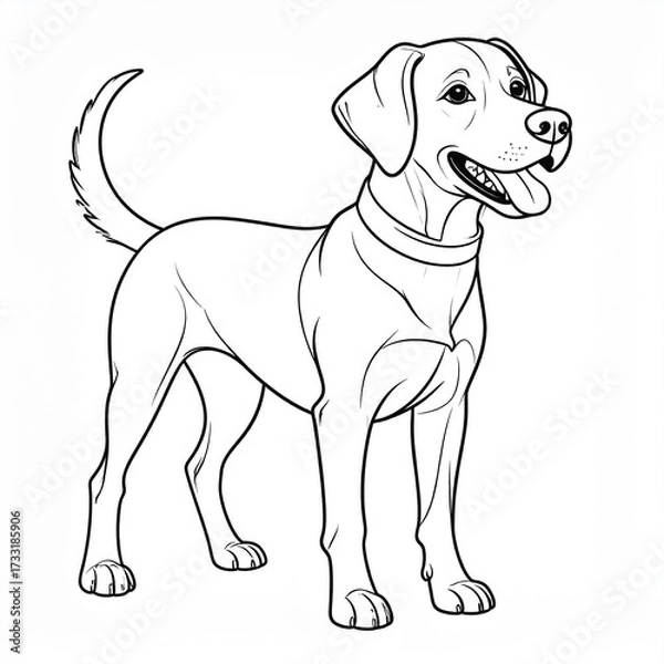 Fototapeta Line drawing of a happy dog standing, with a collar, tail curled, and tongue out.