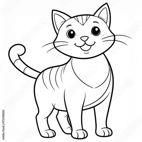 Fototapeta A simple black and white line drawing of a cute cartoon tabby cat, designed as a coloring page for children.