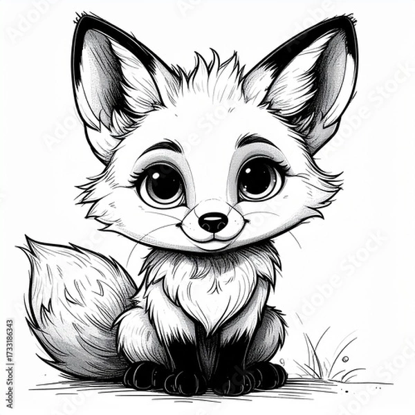 Fototapeta Adorable cartoon fox with big eyes, fluffy fur, and a playful expression, sitting upright.