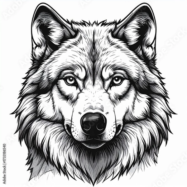 Fototapeta Detailed black and white illustration of a majestic wolf's head with intricate fur and intense eyes, facing forward.