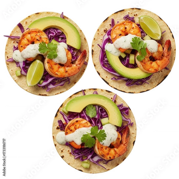 Fototapeta Shrimp tacos with avocado and cabbage isolated on a transparent background lime