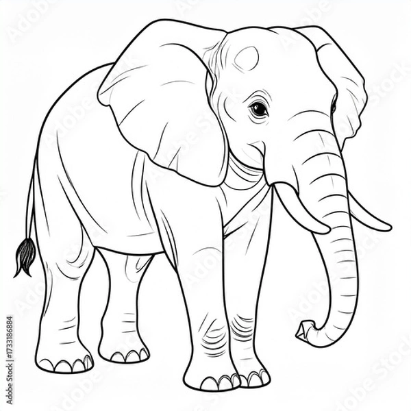 Fototapeta A black and white line art illustration of a full-bodied elephant standing, designed as a coloring page for children and adults.
