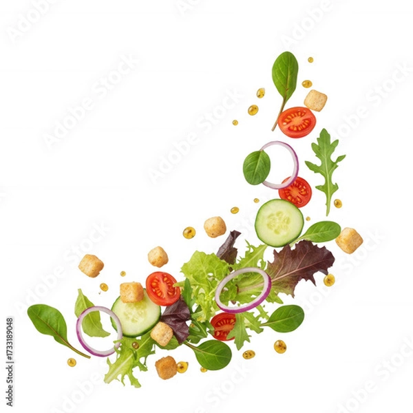 Fototapeta Fresh salad ingredients flying against black background isolated on a transparent background lettuce