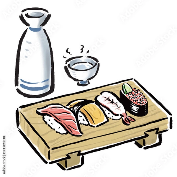 Obraz 寿司下駄にのった寿司と日本酒（熱燗）