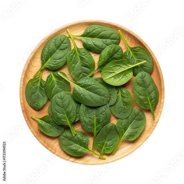 Fototapeta Fresh green spinach leaves arranged on a wooden plate isolated on a transparent background healthy