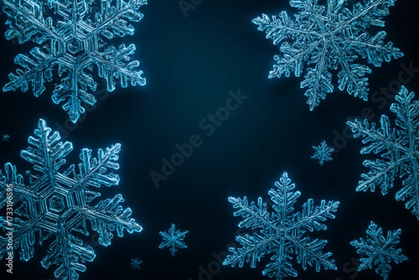 Fototapeta Futuristic fractal snowflake pattern glowing blue on dark background, symmetrical winter abstract design