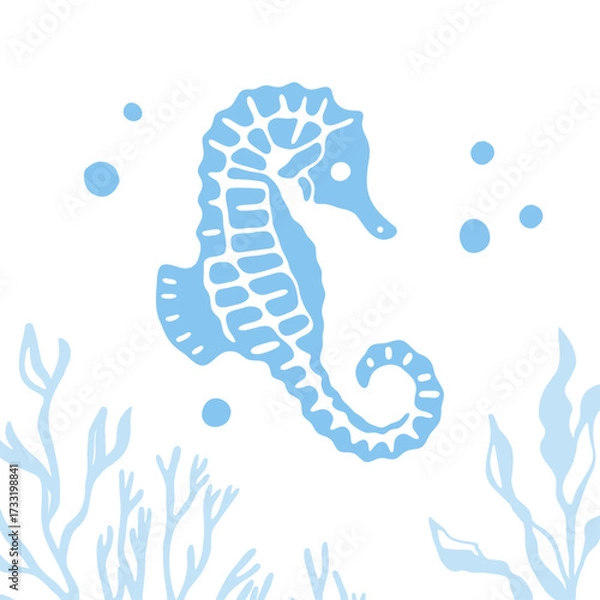 Fototapeta Decorative seahorse flat illustration with seaweed and bubbles, and underwater marine elements in minimal ocean style