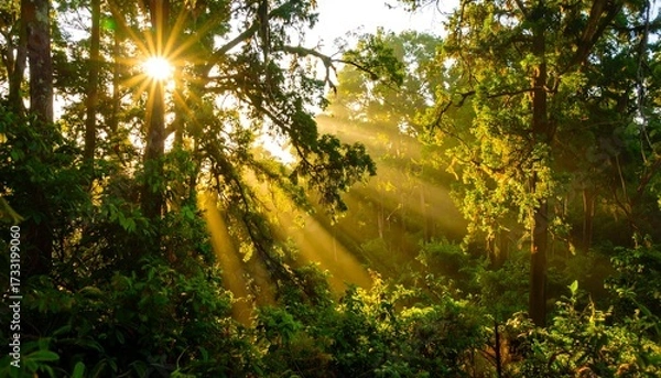 Obraz Sunlight filtering through a lush forest (1)