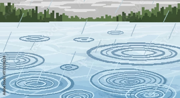 Fototapeta Raindrops creating ripples on a water surface.