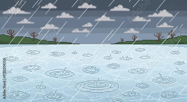Fototapeta Raindrops creating ripples on a water surface.