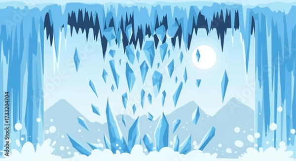 Fototapeta Sharp ice shards falling from a frozen cliff.