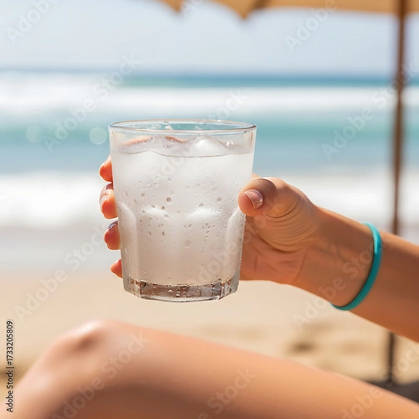 Fototapeta Close-up of hand holding iced drink with condensation, biquíni strap and relaxed arm visible, beach background softly blurred