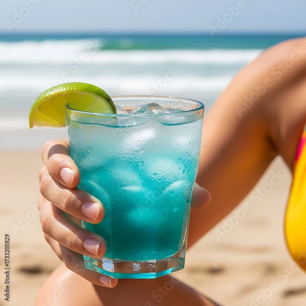 Fototapeta Close-up of hand holding iced drink with condensation, biquíni strap and relaxed arm visible, beach background softly blurred