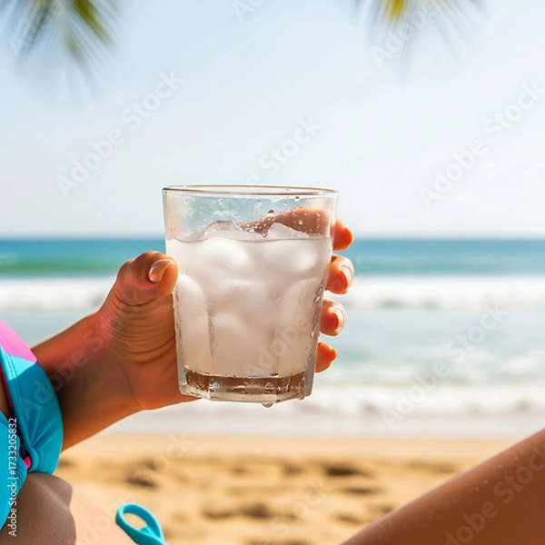 Fototapeta Close-up of hand holding iced drink with condensation, biquíni strap and relaxed arm visible, beach background softly blurred