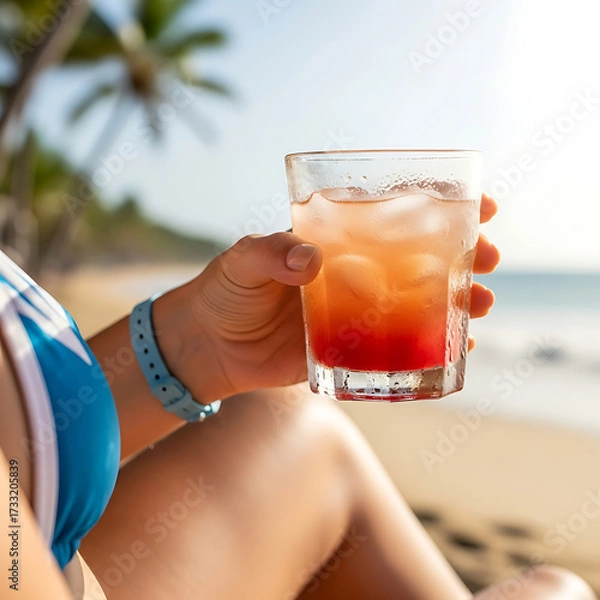 Fototapeta Close-up of hand holding iced drink with condensation, biquíni strap and relaxed arm visible, beach background softly blurred