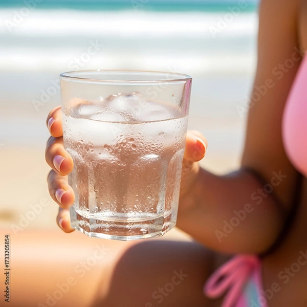 Fototapeta Close-up of hand holding iced drink with condensation, biquíni strap and relaxed arm visible, beach background softly blurred